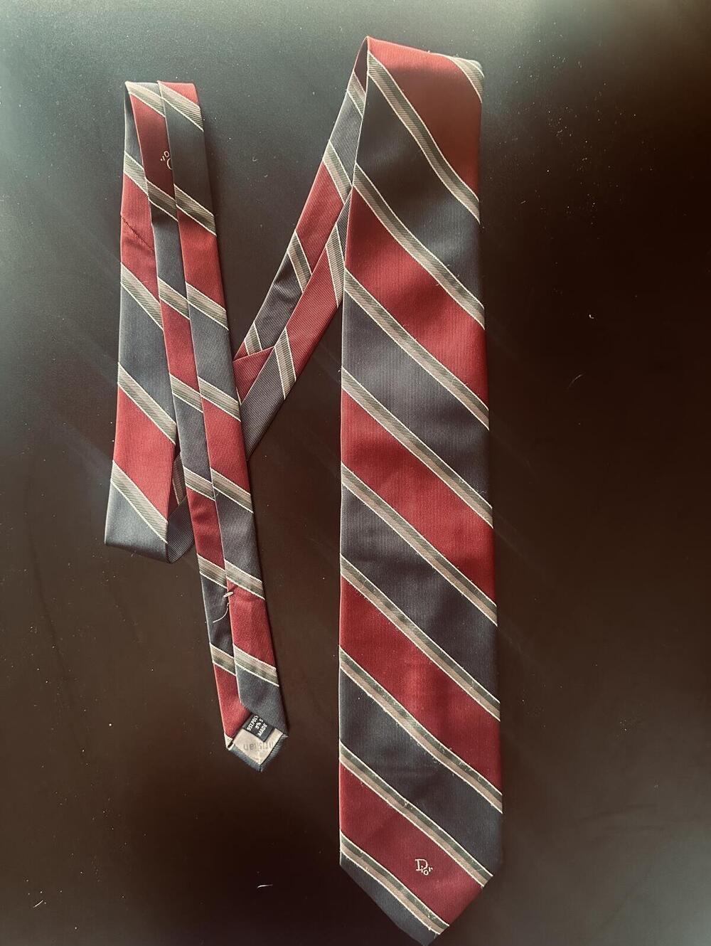VTG Christian Dior Gray/Burgundy Striped 100%Silk Necktie - Made in USA EUC